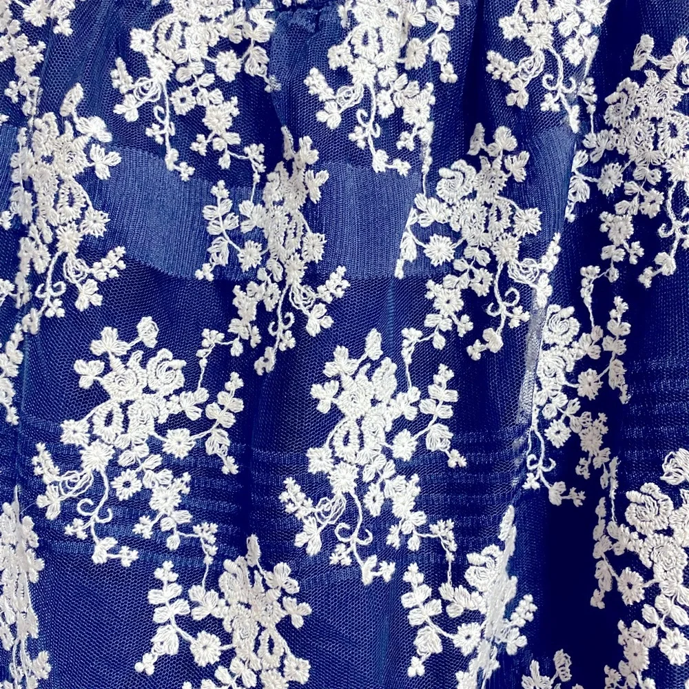 Lucy Paris size Small navy blue with white embroidery off-shoulder blouse - Picture 5 of 5